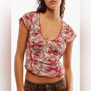 NWT Free People Oh‎ My Baby Mesh Crop Top in Red - M